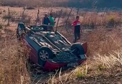 Acidente: carro capota após bater no meio-fio em estrada em Crateús, no interior do Ceará